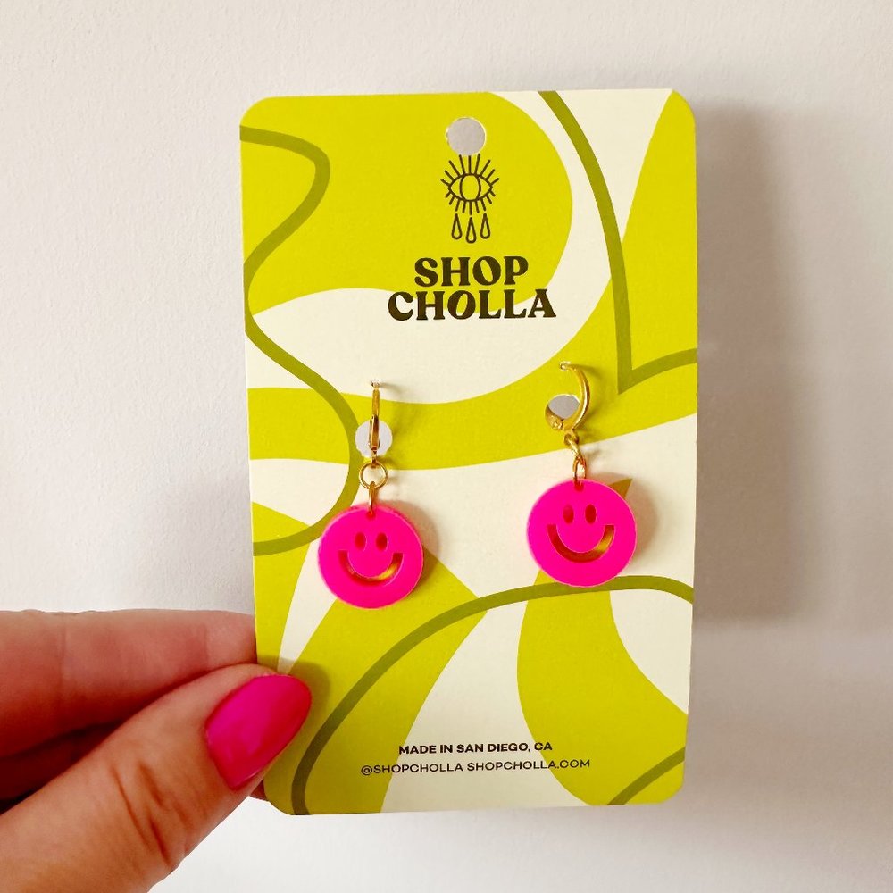 Pink Smiley Face Acrylic Earrings